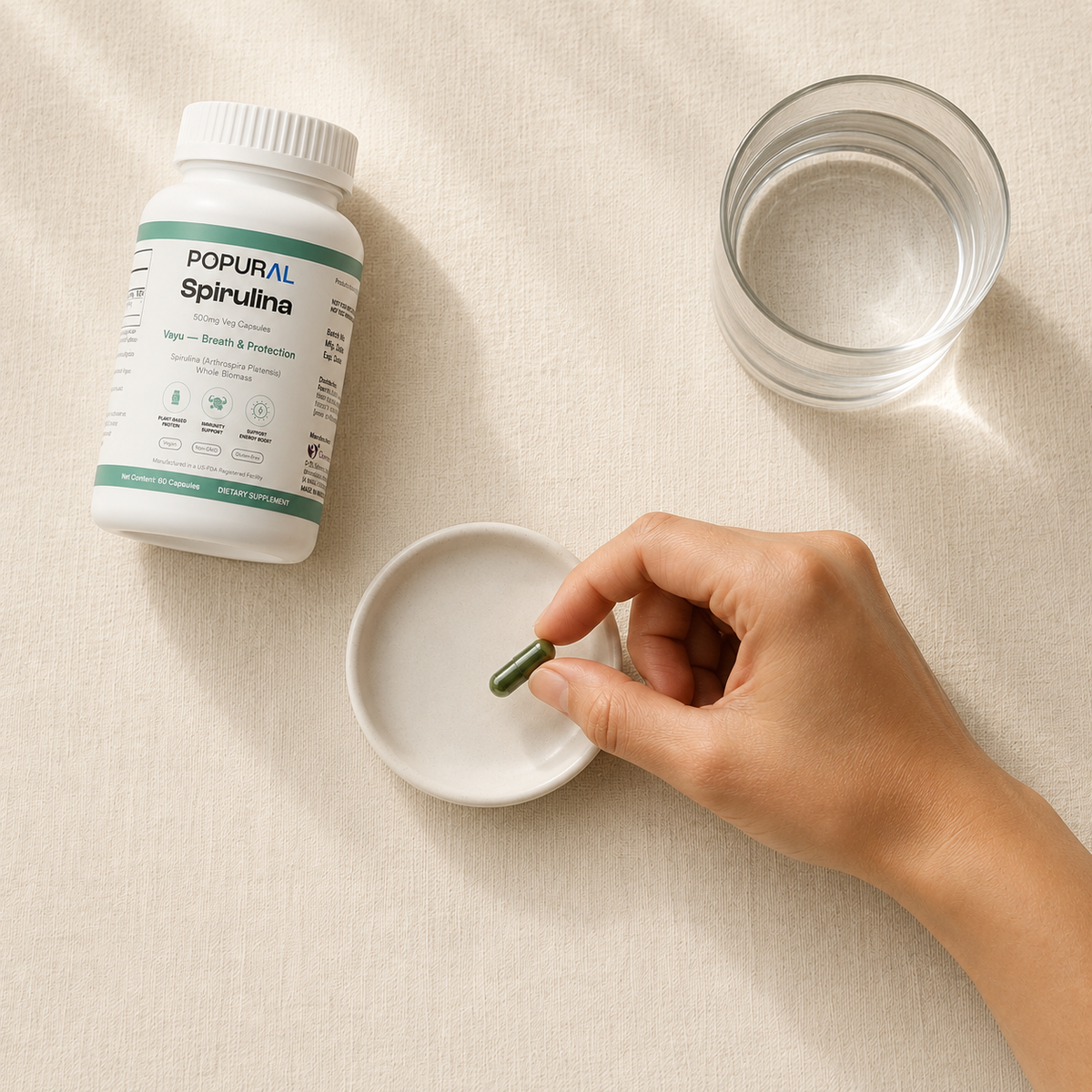 POPURAL Spirulina Capsules 500mg, Vegan Superfood, 60 Count 60 Day Supply