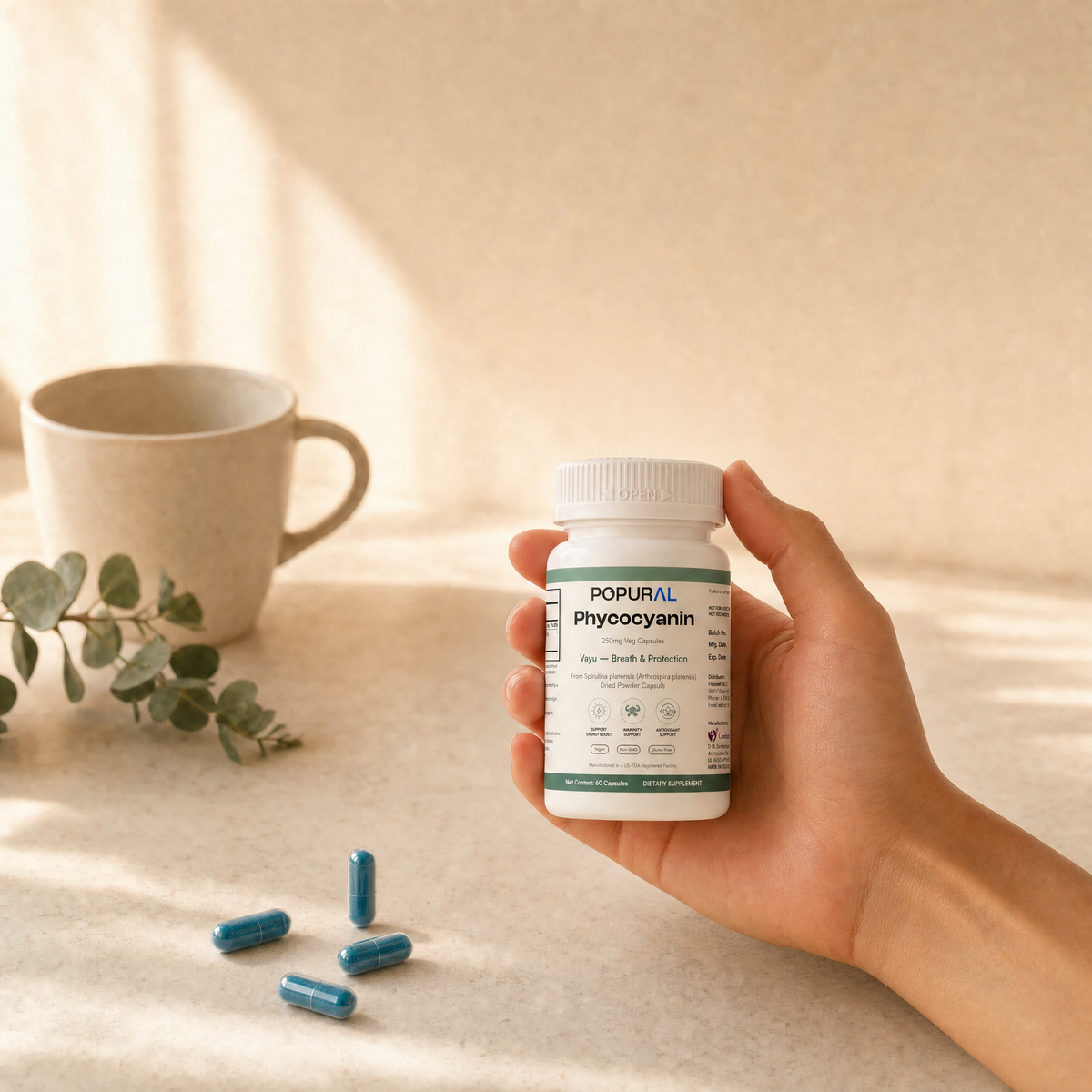 POPURAL Blue Spirulina Phycocyanin Capsules 250mg, Vegan, 60 Count