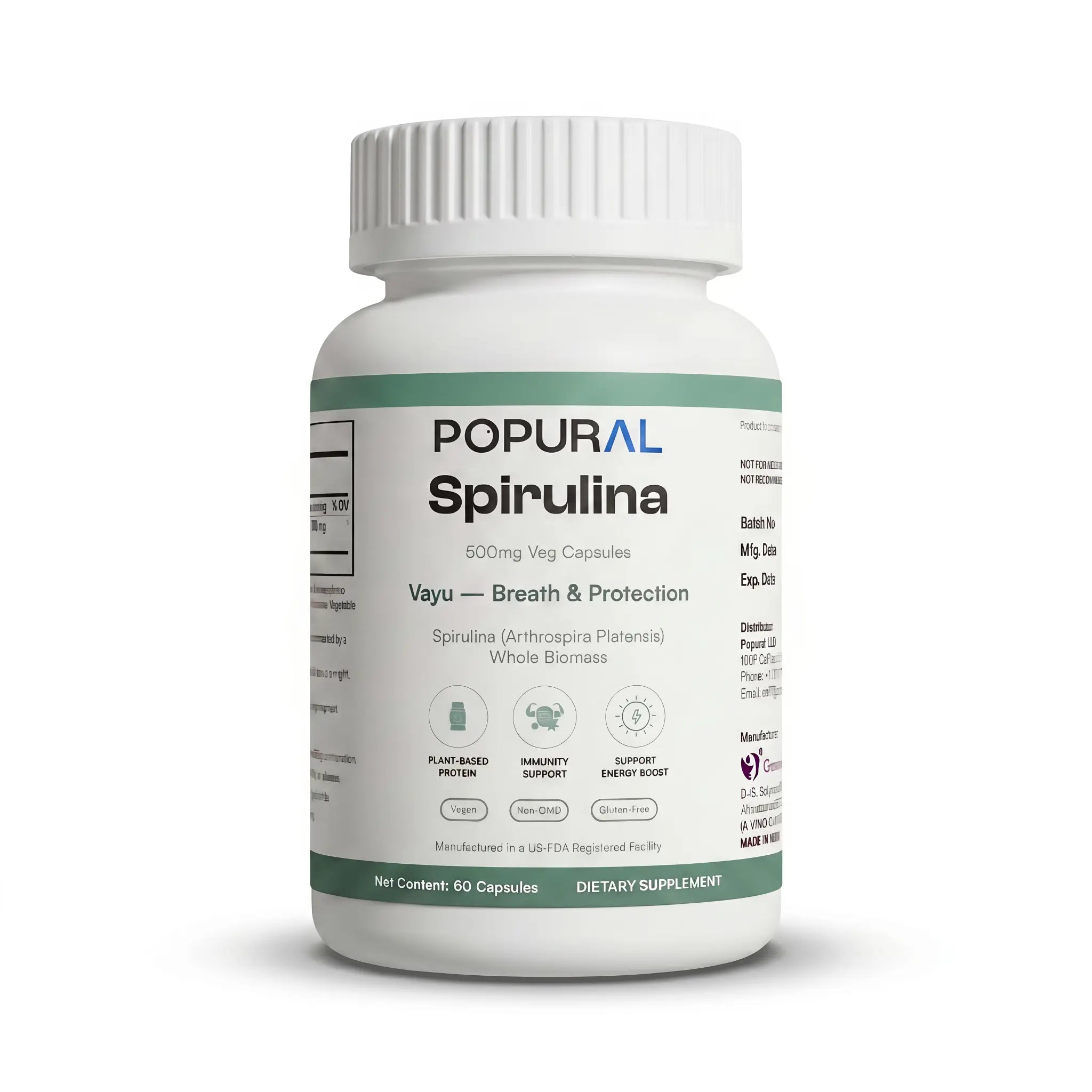 POPURAL Spirulina Capsules 500mg, Vegan Superfood, 60 Count 60 Day Supply product detail